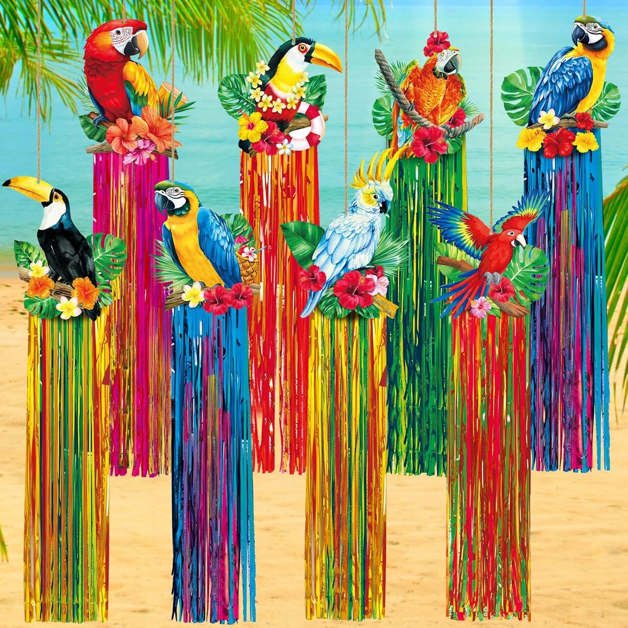 8 Pcs Tropical Birds Party Decoration Hawaiian Luau Tiki Jungle Theme Hanging Outdoor Decor with Tassels for Birthday Party Supplies 3.3 ft Summer Bird Toucan Leaf Garland Door Banner Sign